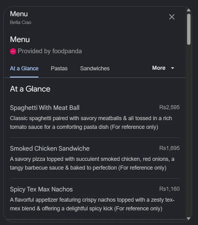 Bella Ciao menu, page 1