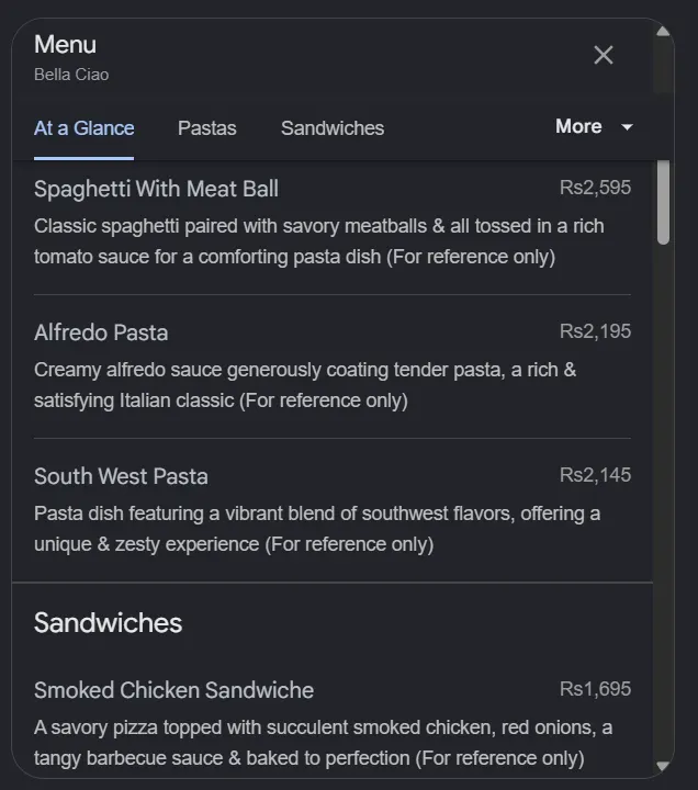 Bella Ciao menu, page 2