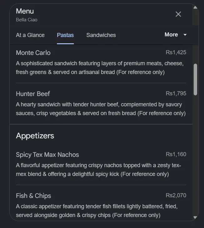 Bella Ciao menu, page 3