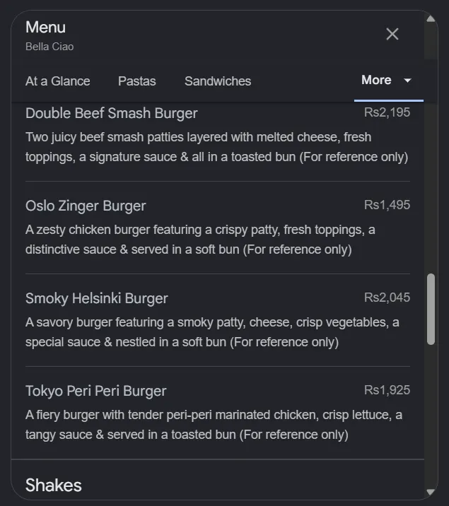 Bella Ciao menu, page 5