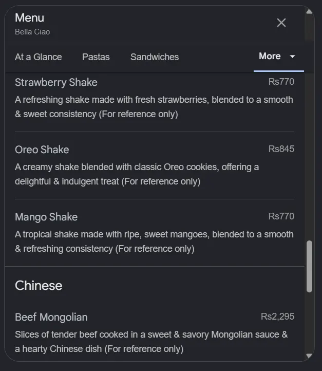 Bella Ciao menu, page 6