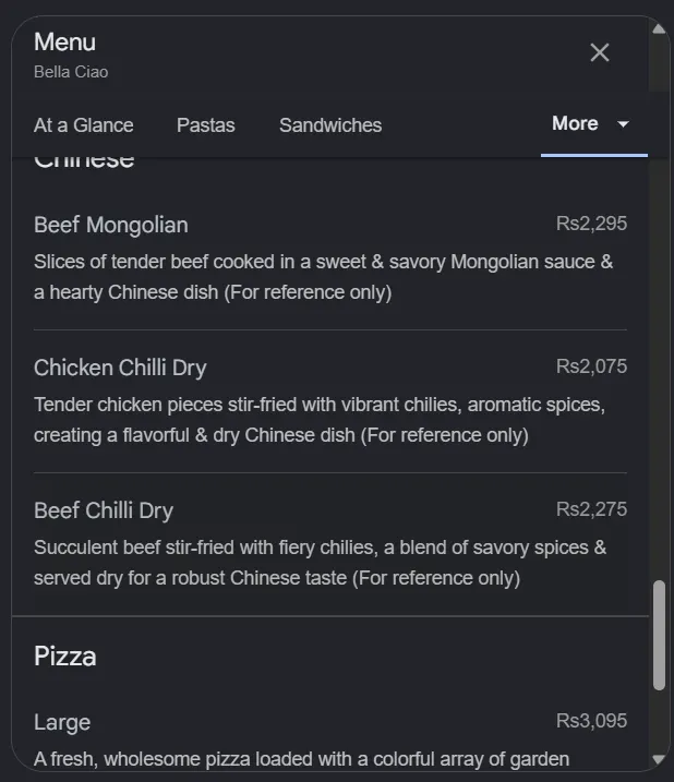 Bella Ciao menu, page 8