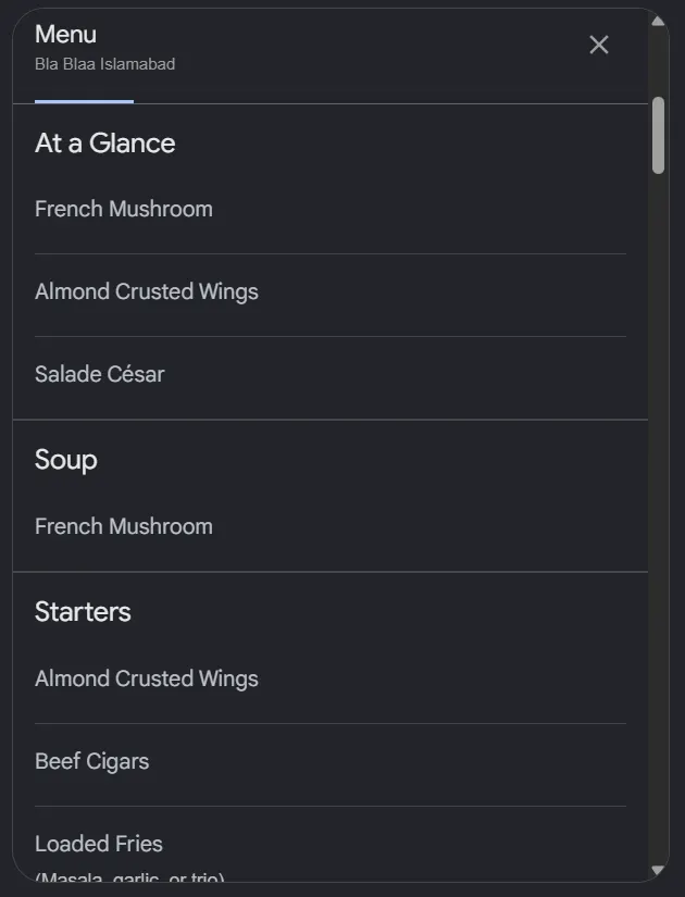 Bla Blaa Islamabad menu, page 1