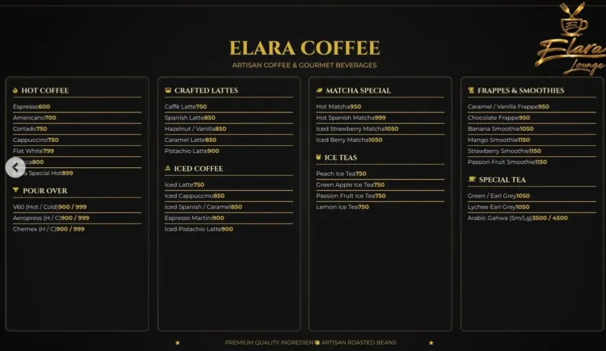Elara Lounge menu, page 9