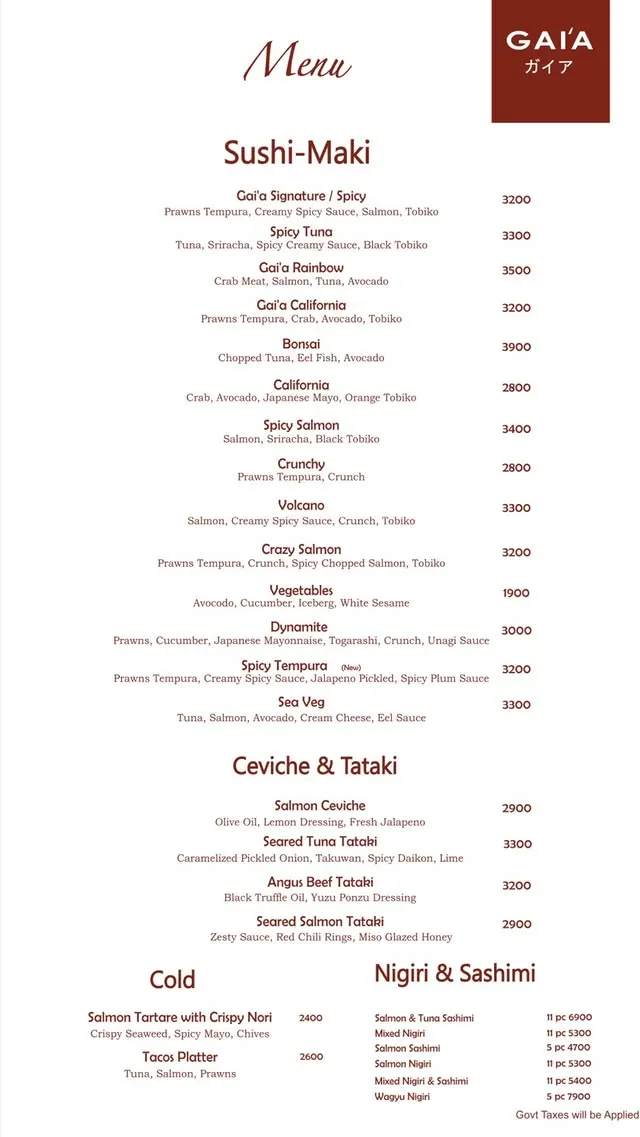 Gai'a Japanese Fusion menu, page 1