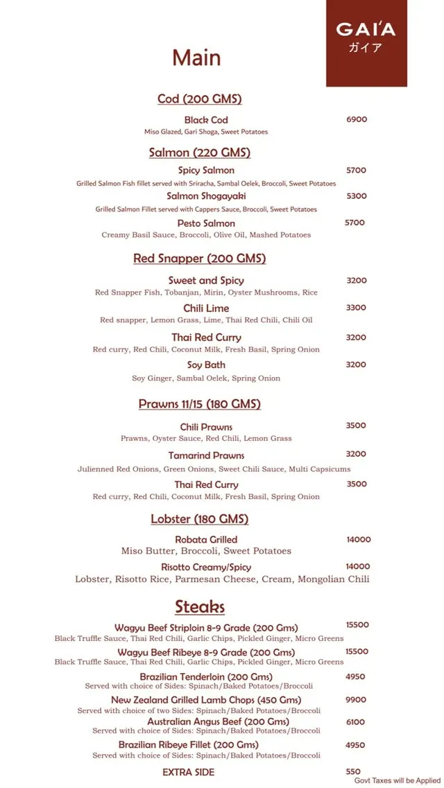 Gai'a Japanese Fusion menu, page 2