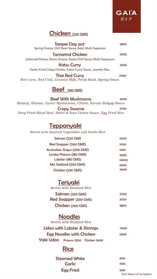 Gai'a Japanese Fusion menu, page 3