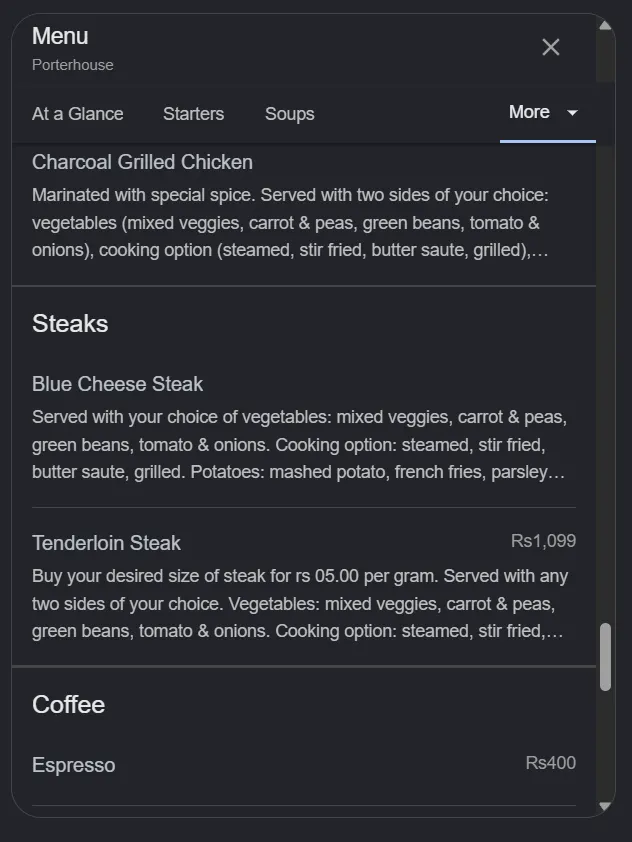 Porterhouse menu, page 10