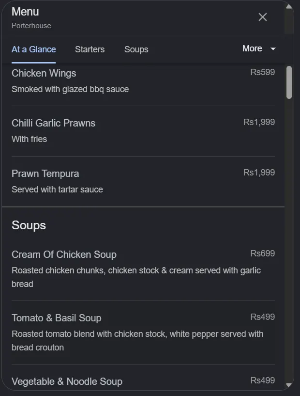 Porterhouse menu, page 2