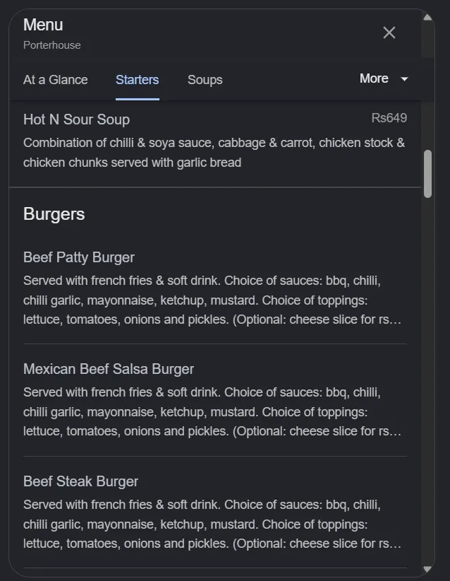 Porterhouse menu, page 3