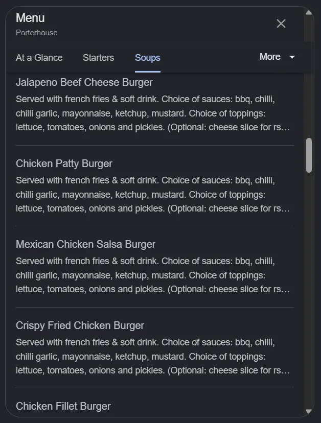 Porterhouse menu, page 4