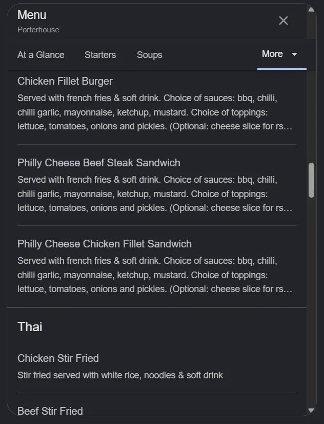 Porterhouse menu, page 5