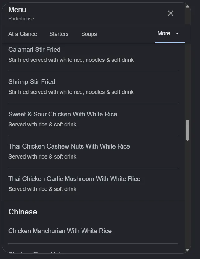 Porterhouse menu, page 6