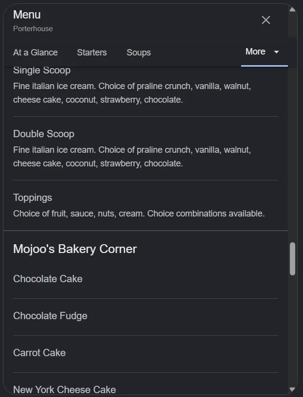 Porterhouse menu, page 8