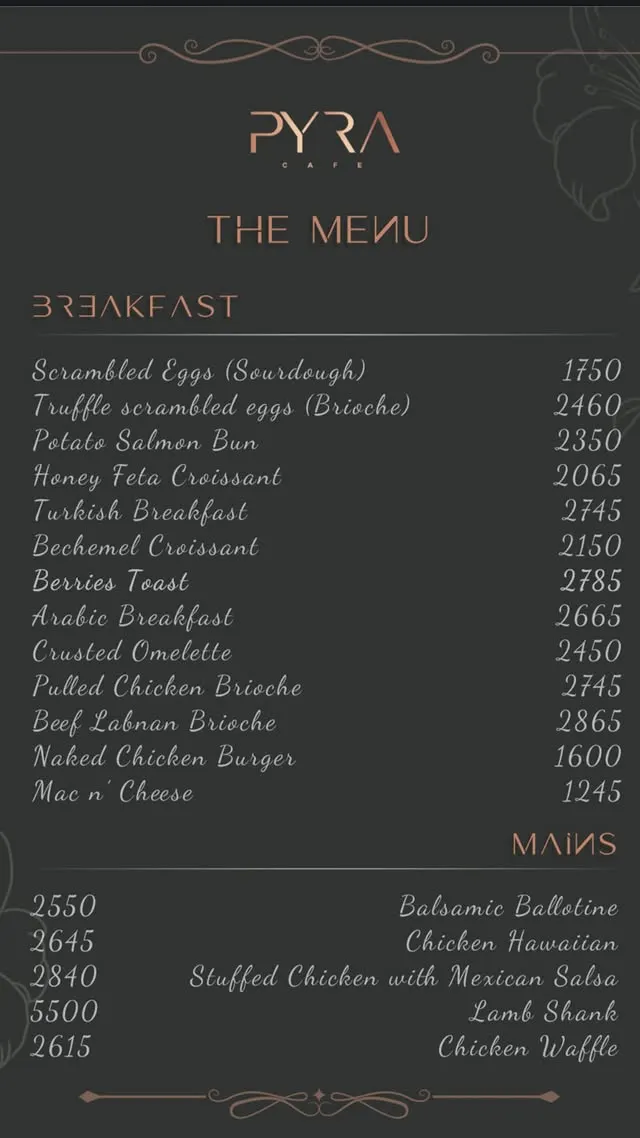 PYRA Cafe menu, page 1