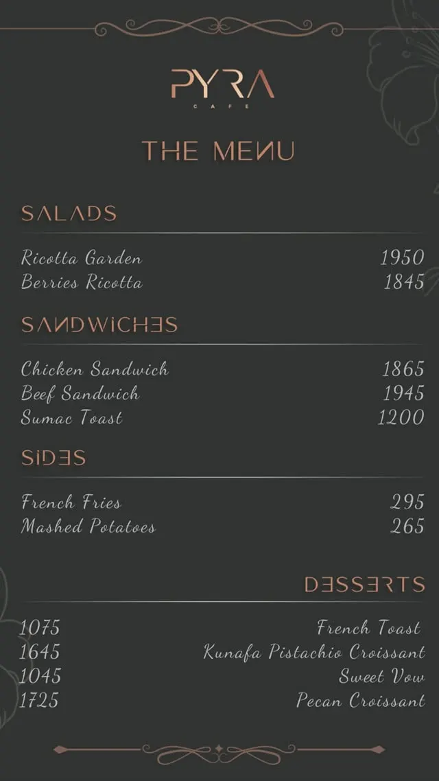 PYRA Cafe menu, page 2