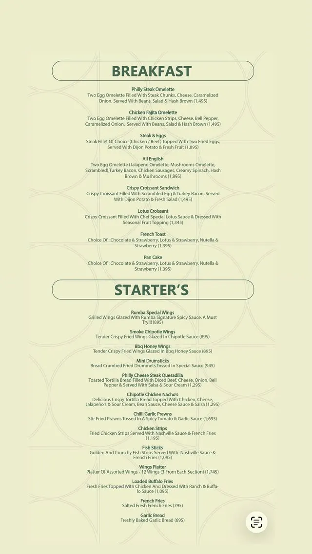 Rumba - The Meat Factory menu, page 1