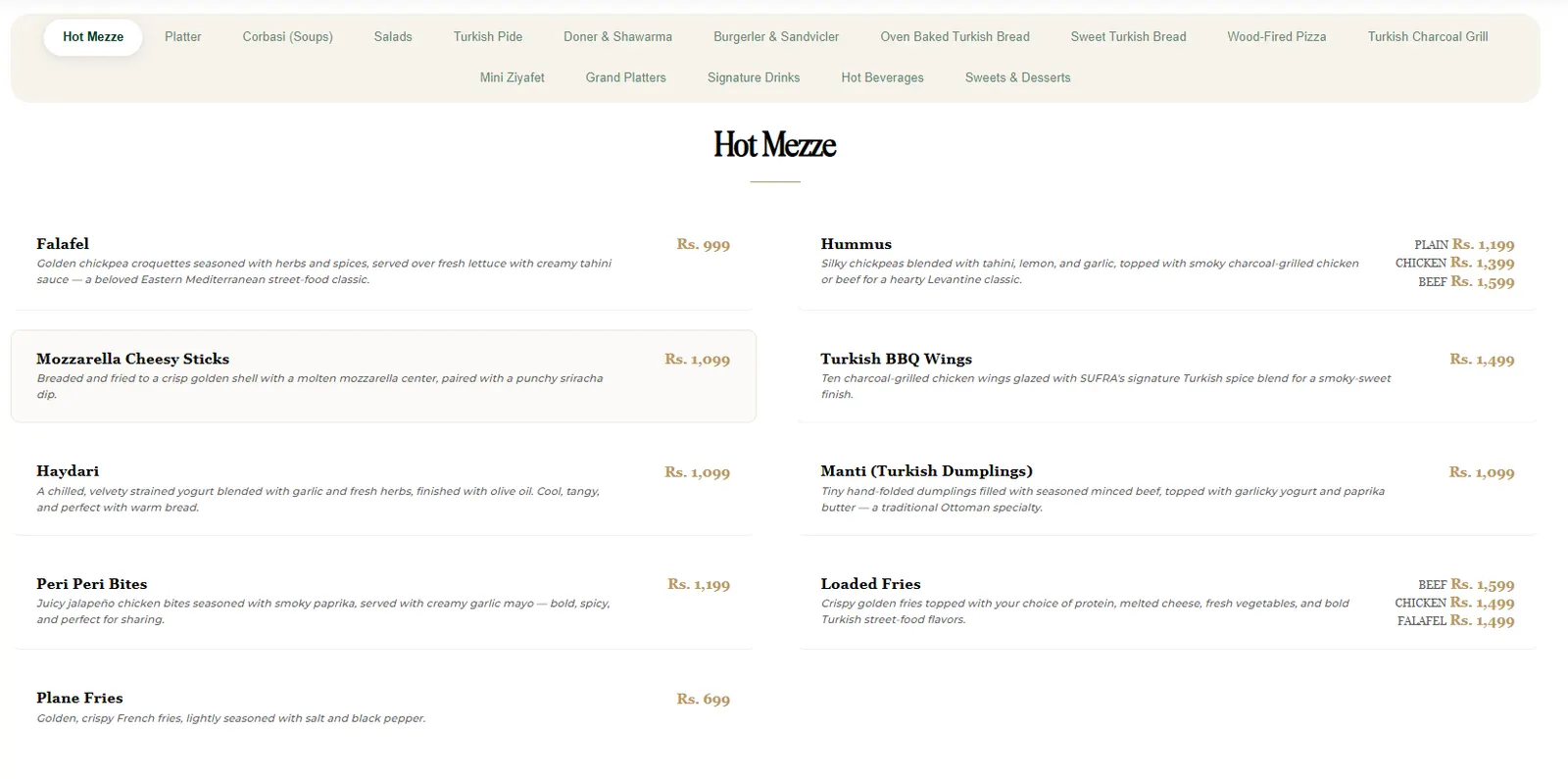 SUFRA Turkish & Mediterranean menu, page 1