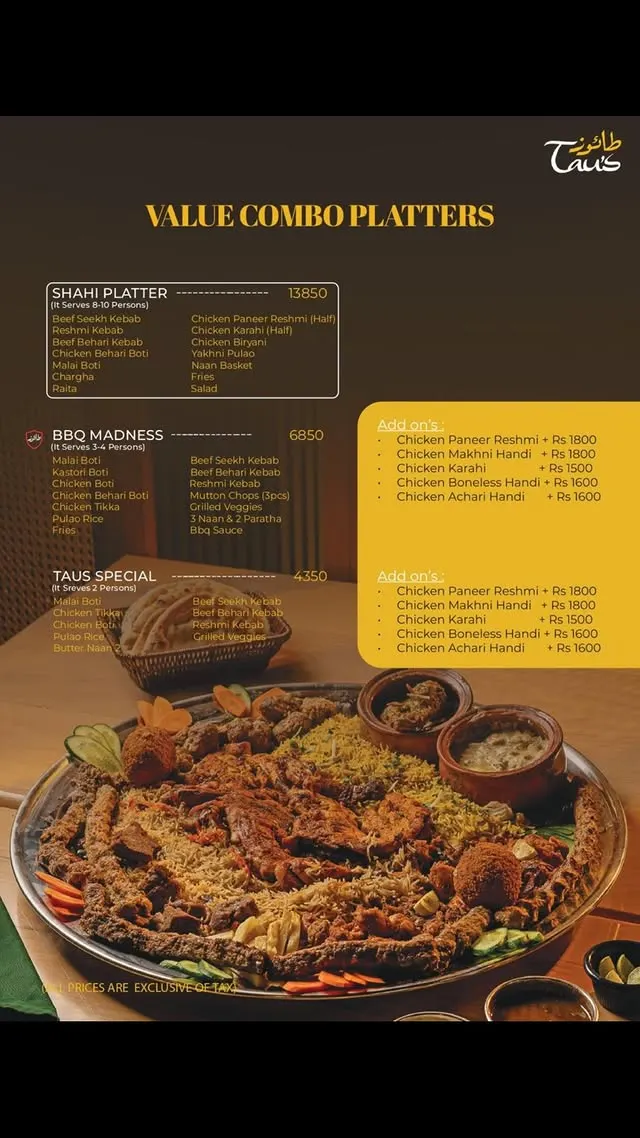 Taus Islamabad Premium menu, page 1