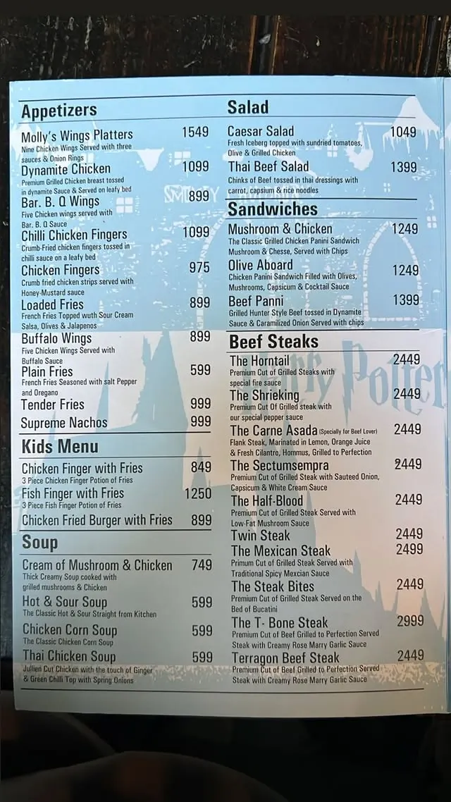 The Smokey Cauldron menu, page 1
