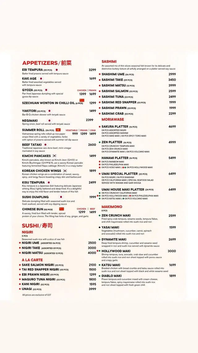 Umai Pan-Asian Cuisine menu, page 1