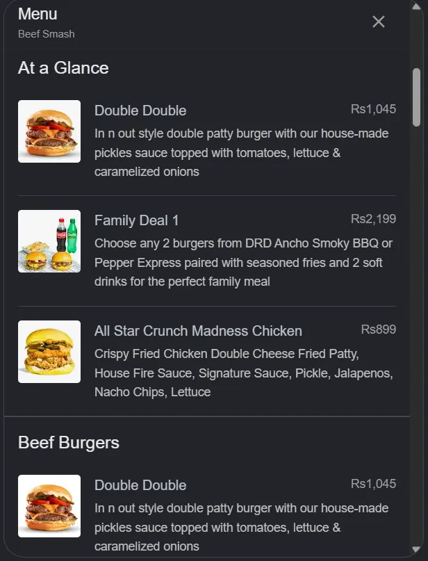 Beef Smash menu, page 1
