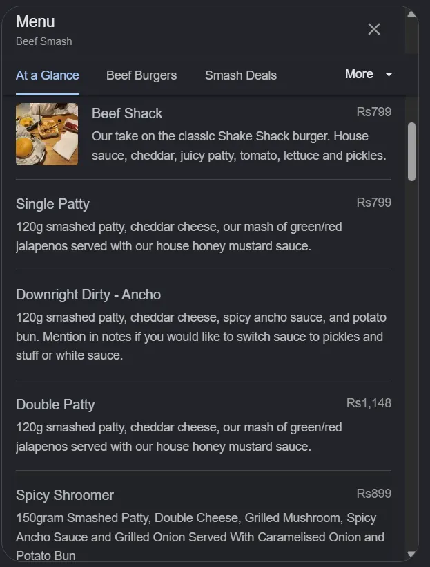 Beef Smash menu, page 2