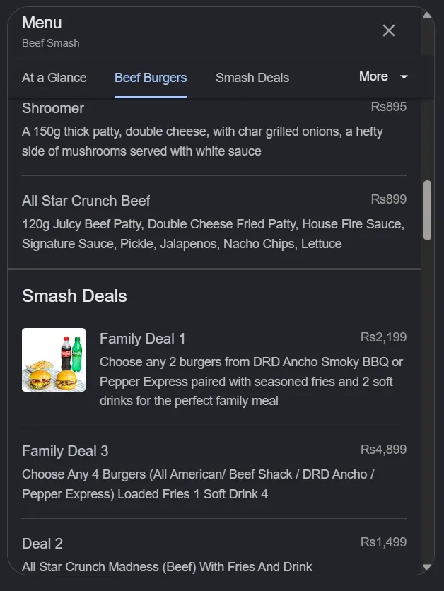 Beef Smash menu, page 3