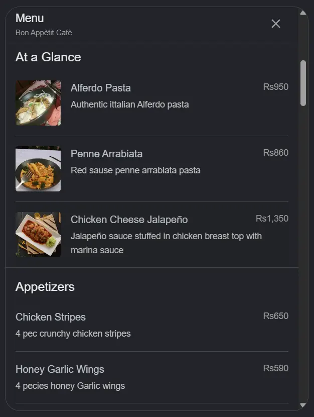 Bon Appetit Cafe menu, page 1