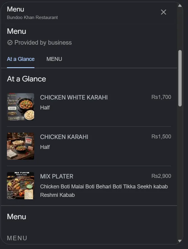 Bundoo Khan Restaurant menu, page 1