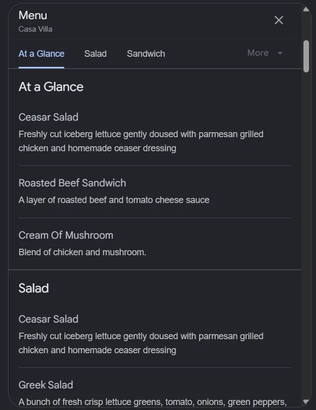 Casa Villa menu, page 1