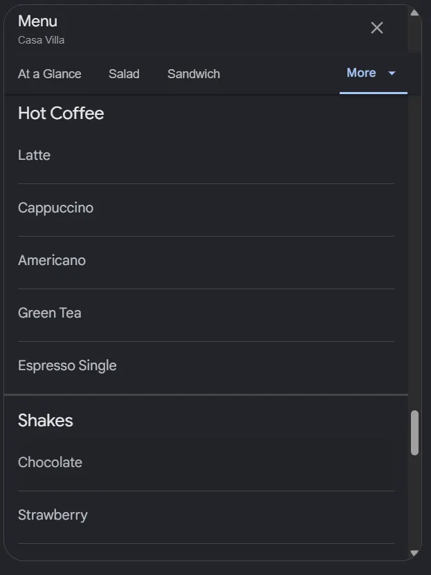 Casa Villa menu, page 10