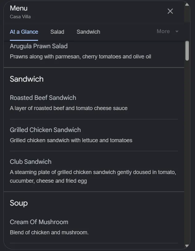 Casa Villa menu, page 2