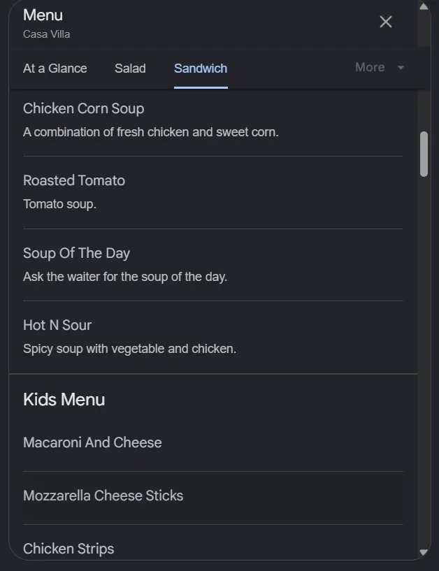 Casa Villa menu, page 3