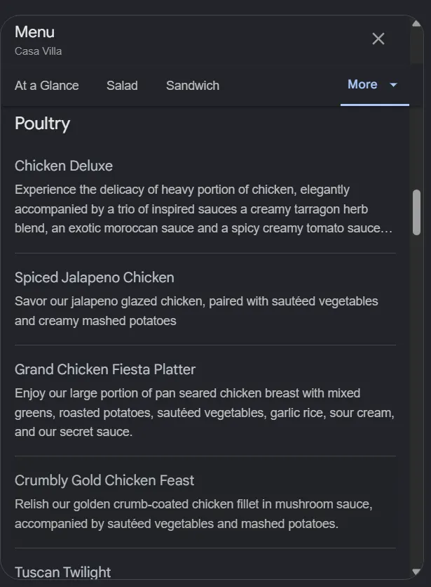 Casa Villa menu, page 4
