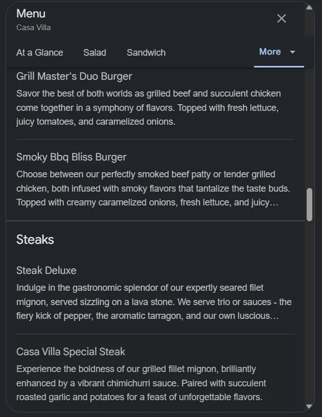 Casa Villa menu, page 6