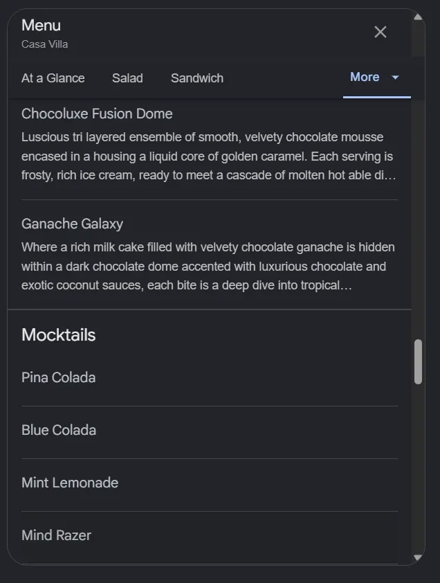 Casa Villa menu, page 8