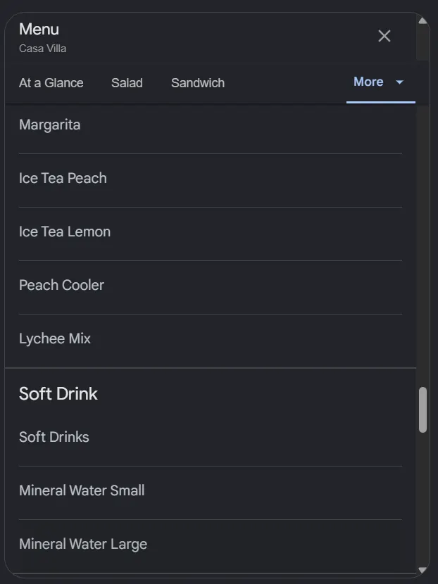 Casa Villa menu, page 9