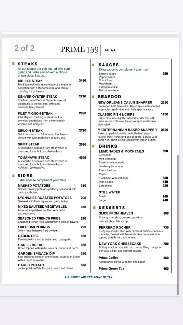 Prime 109 - Steak and Chops menu, page 1
