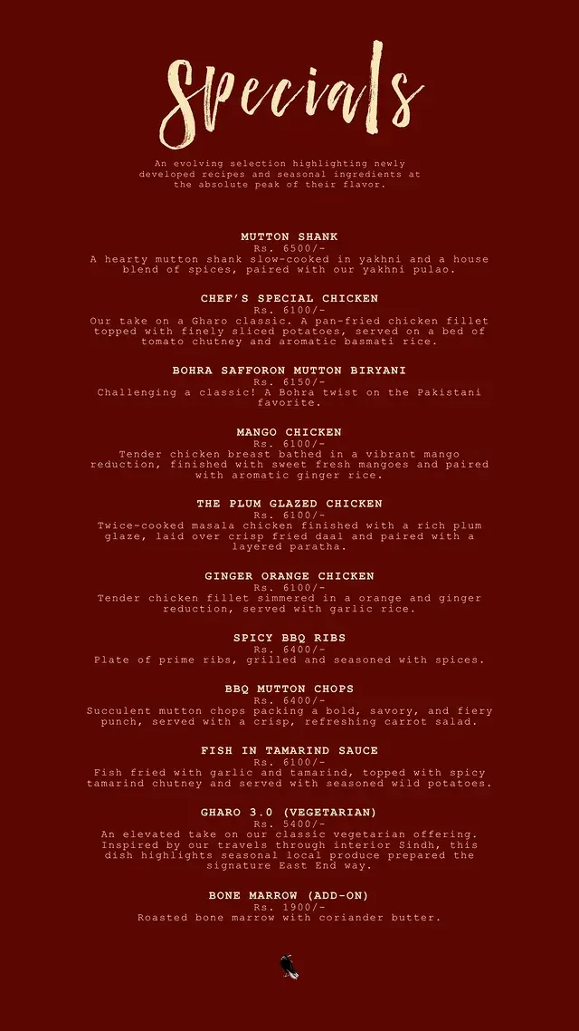 The East End menu, page 4