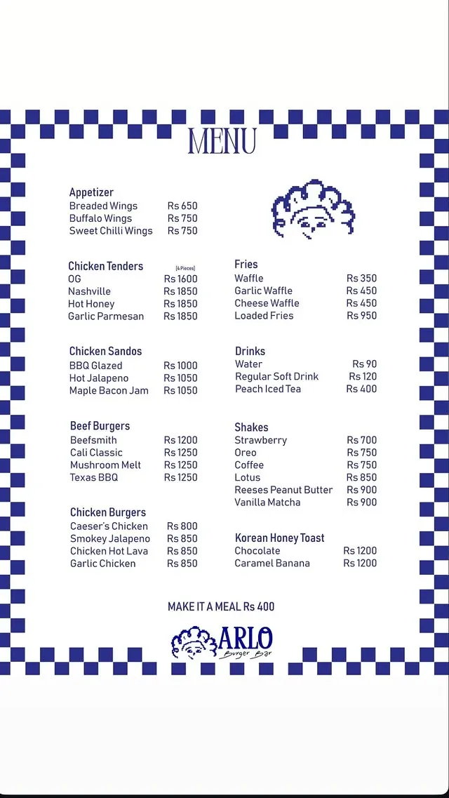 Arlo Burger Bar menu, page 1