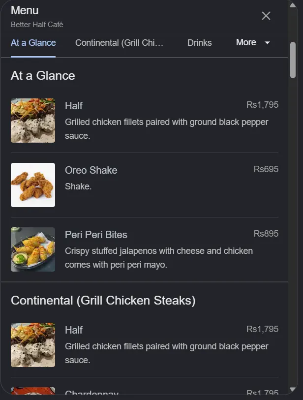 Better Half Cafe menu, page 1