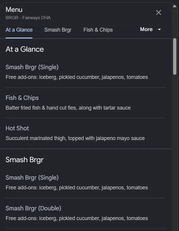 BRGR Fairways menu, page 1