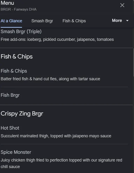 BRGR Fairways menu, page 2