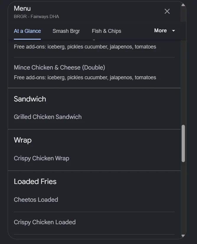 BRGR Fairways menu, page 4