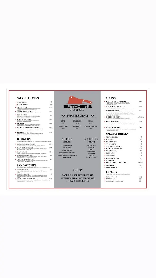 Butcher's Steakhouse menu, page 1