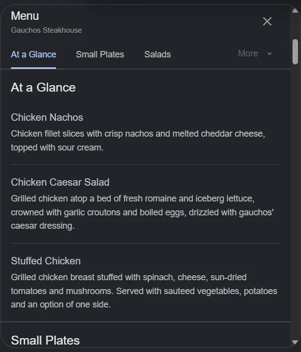 Gauchos Steakhouse menu, page 1