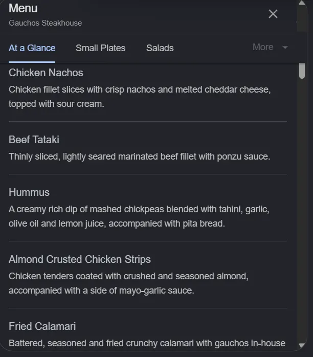 Gauchos Steakhouse menu, page 2