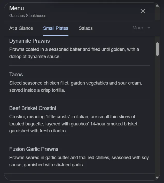 Gauchos Steakhouse menu, page 3