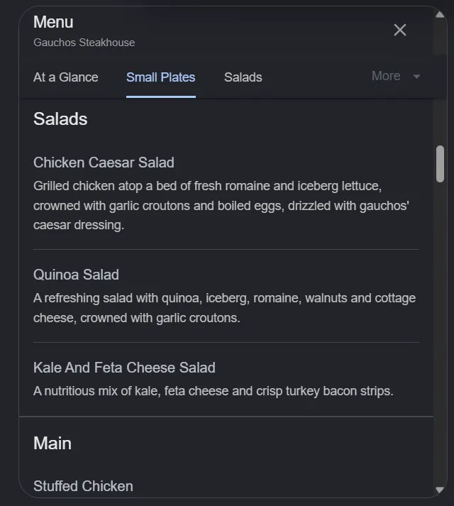 Gauchos Steakhouse menu, page 4